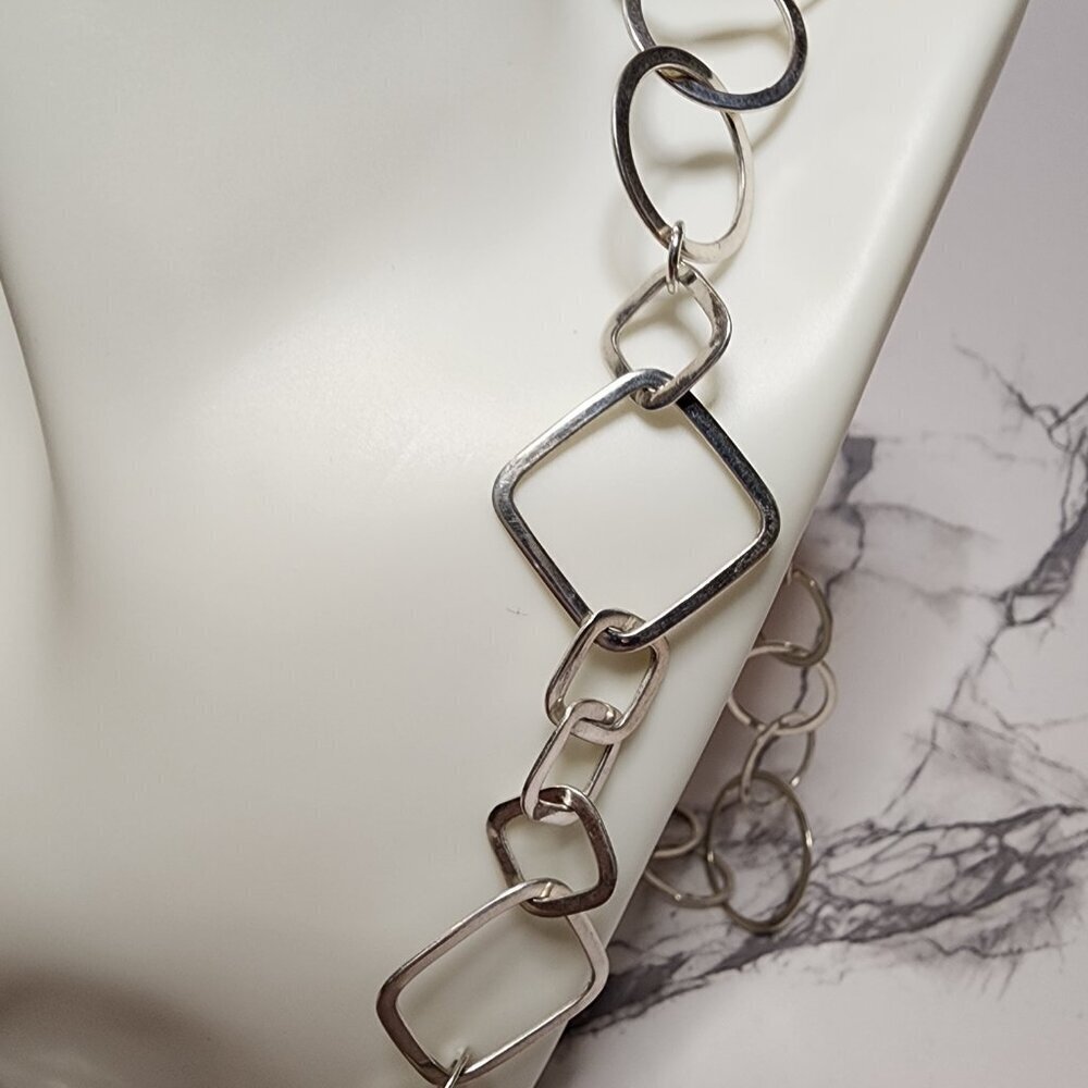 925 Silver Long Geometric Statement Necklace - Picture 4 of 7